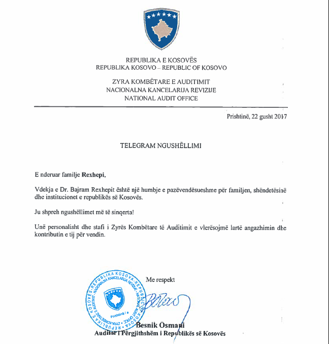 Auditori i Përgjithshëm ngushëllon familjen e Dr. Bajram Rexhepit