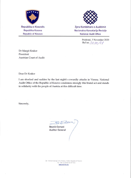 Auditori i Përgjithshëm, Besnik Osmani i ka dërguar telegram solidariteti presidentes së Gjykatës Austriake të Auditimit Dr Margit Kraker