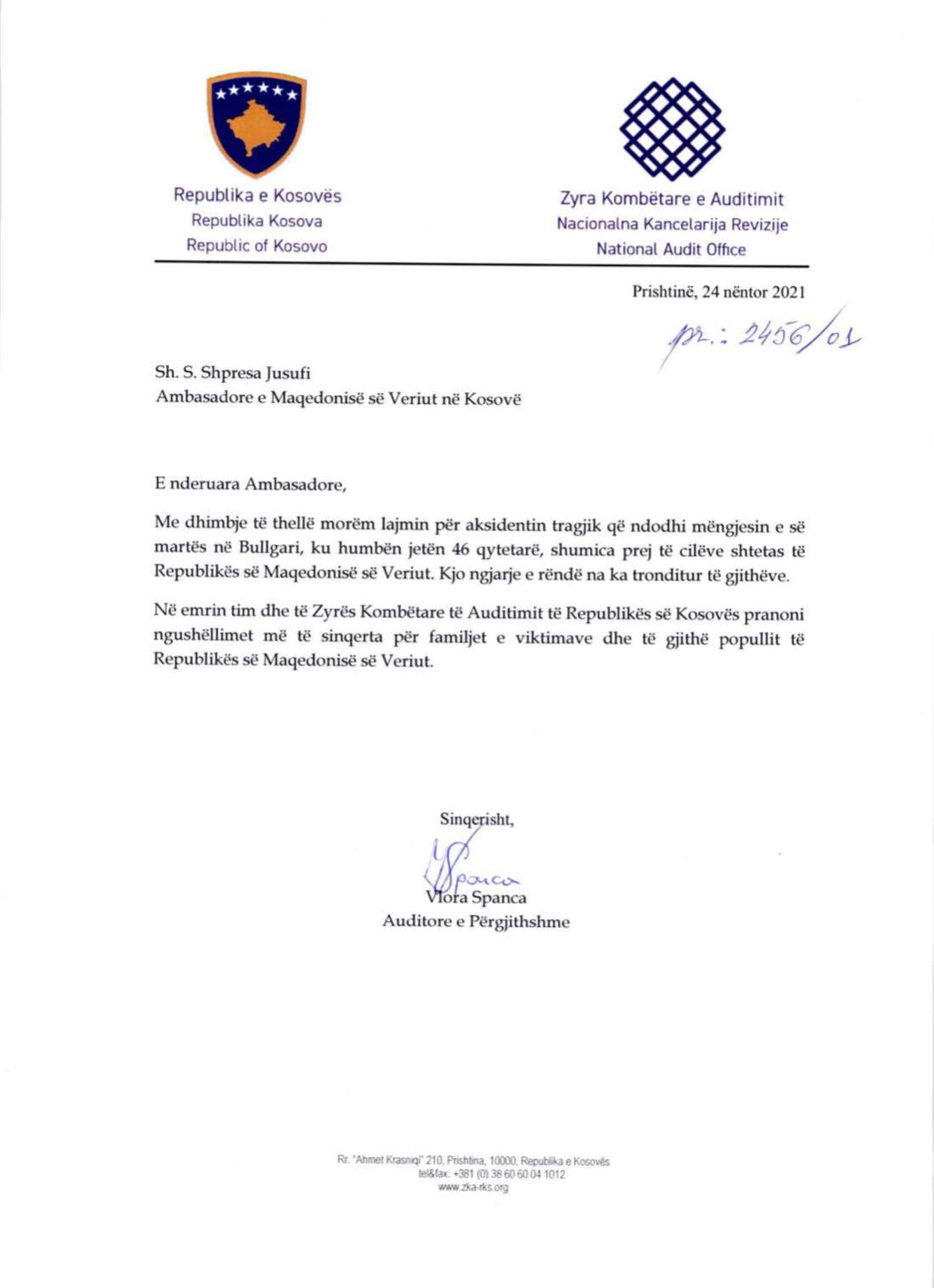 Auditorja e Përgjithshme i ka dërguar telegram ngushëllimi ambasadores të Maqedonisë së Veriut në Kosovë